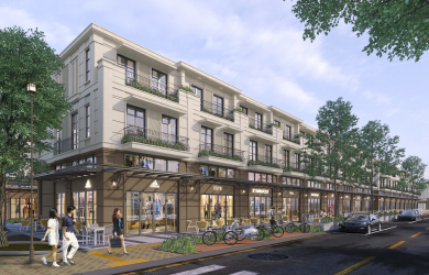 Phối cảnh dự kiến diện mạo mới của Shophouse Aquaria nằm đại lộ thương mại 22m kết nối hai câu lạc bộ ven sông & bến du thuyền hai phân khu Aquaria và Rivera