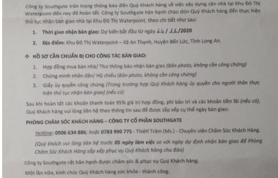 Thông báo bàn giao nhà waterpoint