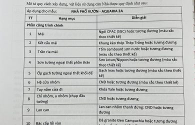 Các hạng mục bàn giao nhà phố vườn Aquaria 2A